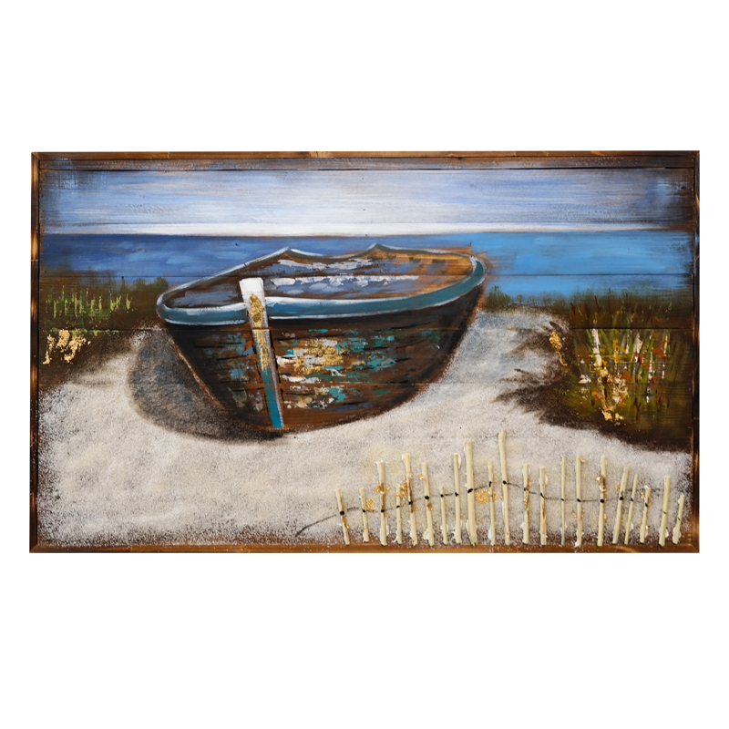 OIL PAINTING - BLUE BOAT ON WOOD